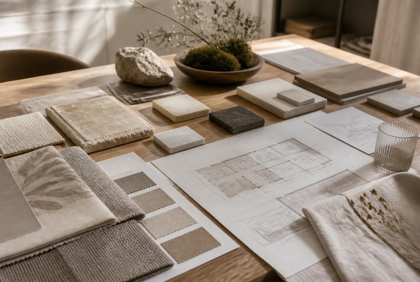 A designer reviewing textile samples and a floor plan