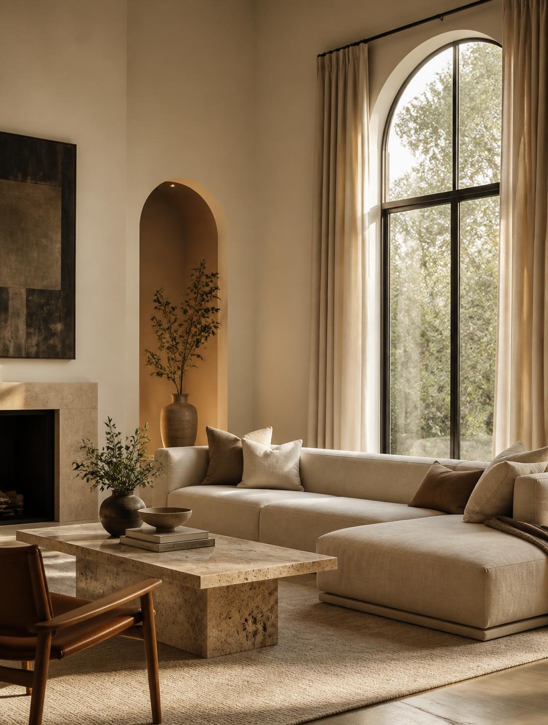 A sunlit living room with a low linen sofa, travertine table and open terrace doors